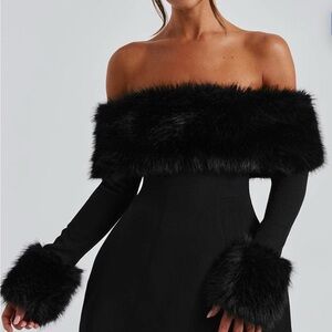 Chic Off-Shoulder Black Fur-Trimmed Dress